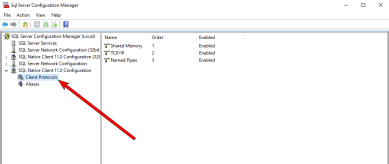 SQL server manager window with an arrow pointing to the SQL Native Client 11 Configuration's sub-option for Client Protocols. 